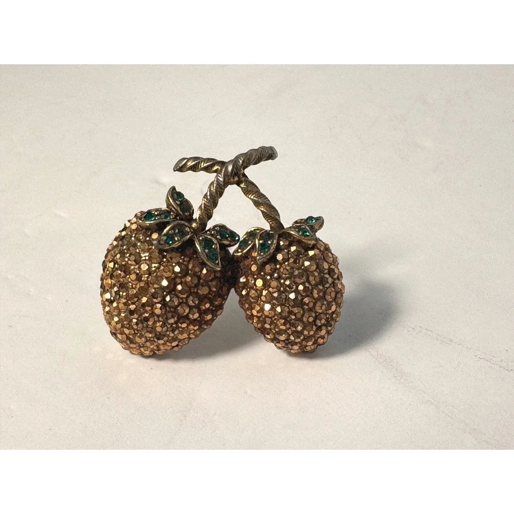 Weiss Vintage Gold Topaz‎ Rhinestone Double Strawberry Brooch Pin Green Leaves